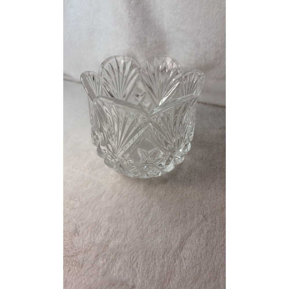 Vintage Heavy Cut Crystal Candle Holder Vase Bowl 4.25" x 4.25" Scalloped Tulip